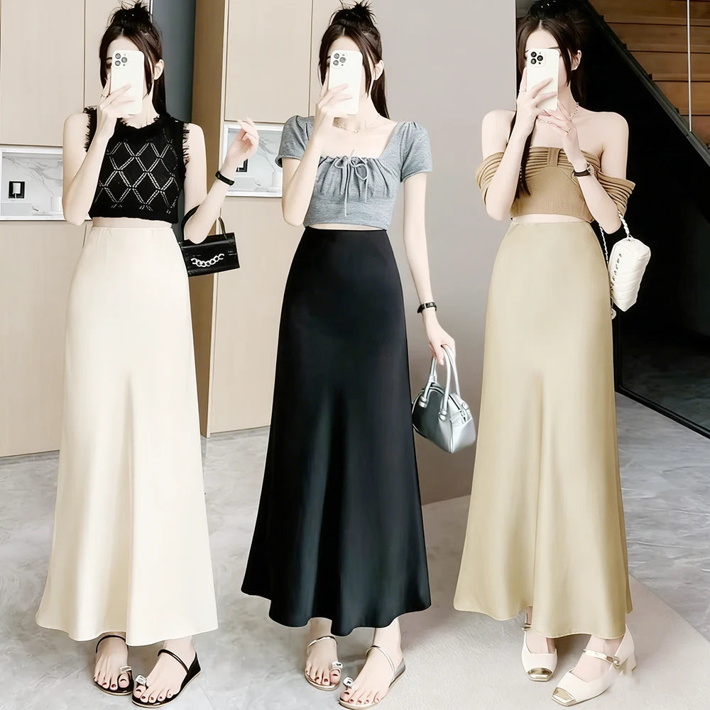 Acetic Satin Fishtail Skirt Woman Korean Fashion Elastic High Waist Skirts for Women Spring/Summer 2026 New Chic Lady Skirts